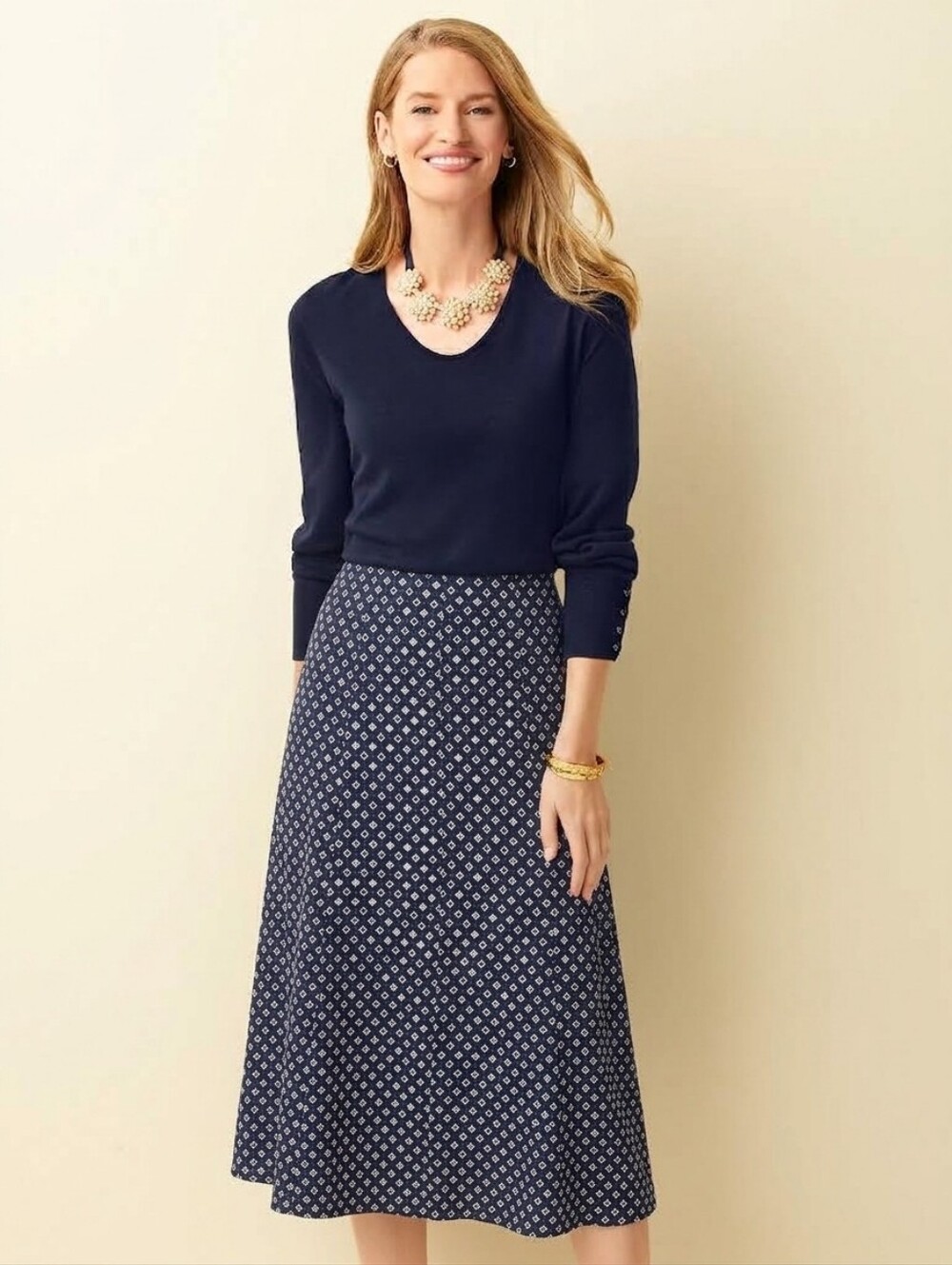 Talbots Vintage Navy Midi Skirt with White Dot Pattern 100% Silk Size 10